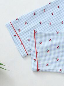 2pcs Plaid Cherry Print Pajama Set, Sweet & Cute Lapel Button Long Sleeve Top And Pants, Suitable For Women Home Wear, Autumn/Winter - Blue - View 7