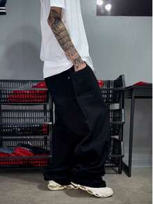 Calça Balão/Baggy Preto-Sarja Dazzling Original Larga Sportlife Basica  Calças Jeans - Preto - Visão 3