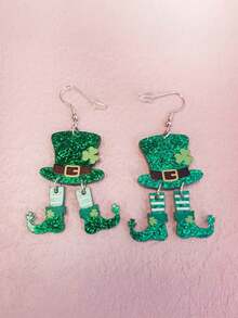 2D 平面女士圣帕特里克节耳环/1对幸运三叶草爱尔兰幸运符，饰有绿色高顶礼帽和四叶草图案，适合派对、婚礼、日常佩戴/优雅礼物，垂坠耳环