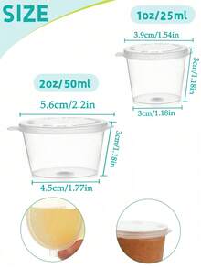 50/100个 2盎司带盖小塑料容器，一次性酱料碟，简约透明一次性蘸酱杯，带盖果冻杯，带铰链盖一次性分装杯，适用于厨房，可盛放酱料、调味品、舒芙蕾、沙拉酱、药品或史莱姆。 - 彩色 - 查看 3