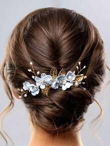 1件女士手工蓝色花朵珍珠发梳配饰，婚礼发饰 - 63235 - 查看 3