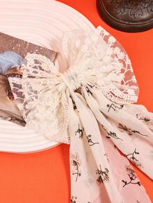 1pc Versatile Casual Party Lace Embroidery Bow Chiffon Printed Ribbon Tail Women Bowknot Hair Clip Hair Accessory - Multicolor - View 2