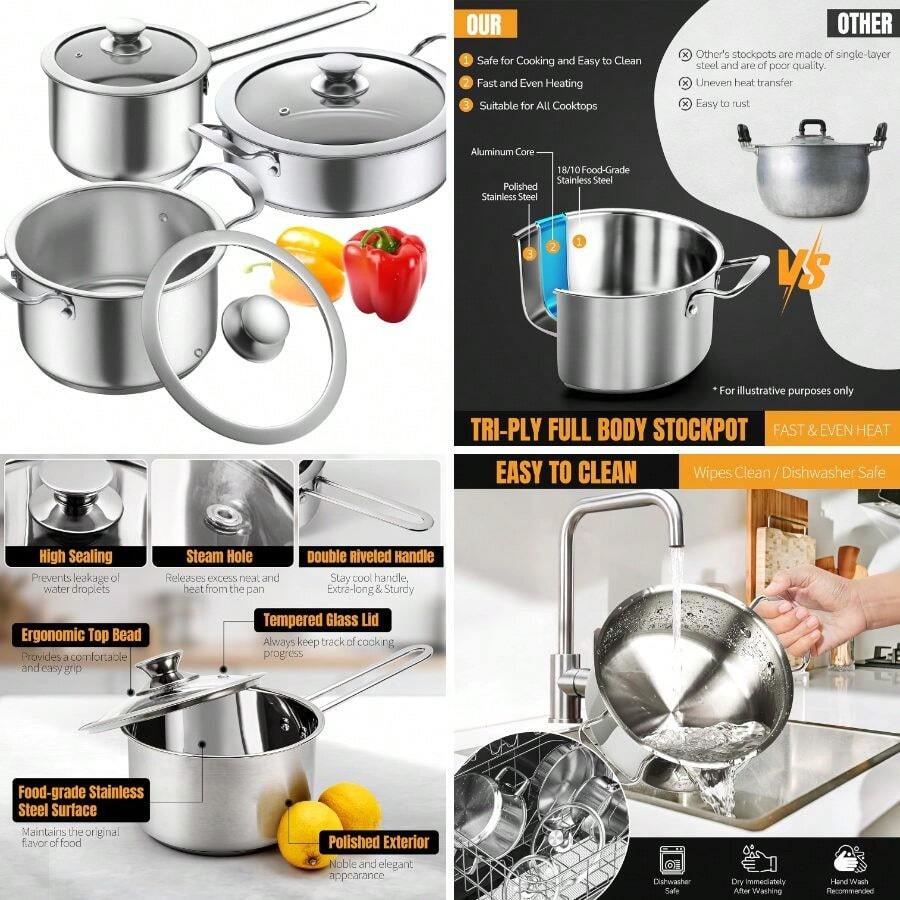 Aufranc Stainless Steel Pots And Pans Set, 6 Piece Nonstick Kitchen Induction Cookware Set, Works With Induction/And Gas Cooktops, Nonstick, Dishwasher - 6-pCS - View 1