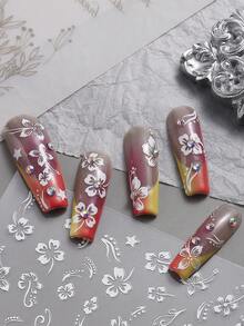 3D芙蓉花美甲贴纸，粉色、白色、金色、银色花卉美甲贴花，热带叶子滑扣，情人节美甲箔纸 - 彩色 - 查看 6