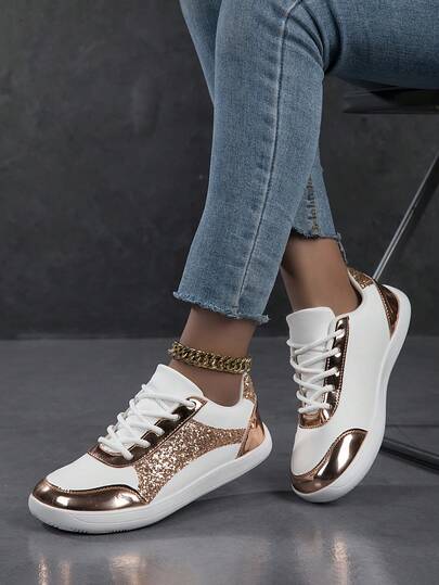 Spring New Wide Lace-Up Women Shoes, PU Patchwork Uppers, Fashion Street Campus Style, Wider Toe Box, Comfortable Casual Sneakers For Women, Suitable For All Seasons