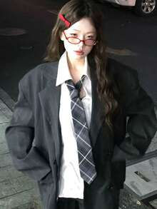1条经典条纹JK制服领带，适合学生和青少年，格子图案，角色扮演派对领带配饰，可搭配女士连衣裙和情人节装饰 - 煙灰色 - 查看 2
