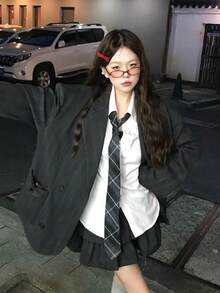 1条经典条纹JK制服领带，适合学生和青少年，格子图案，角色扮演派对领带配饰，可搭配女士连衣裙和情人节装饰 - 煙灰色 - 查看 4