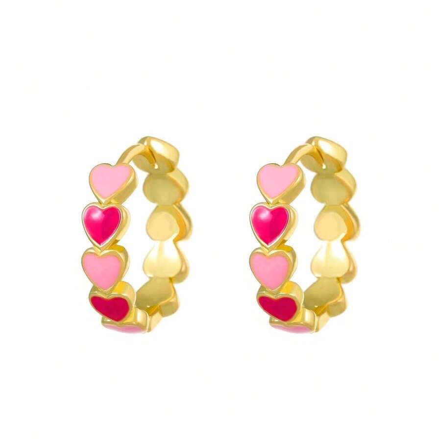 1 Pair Women's Elegant Oil Drop Heart Shaped Hoop Earrings, Suitable For Daily Wear, Valentine's Day Gift - Gold - View 1
