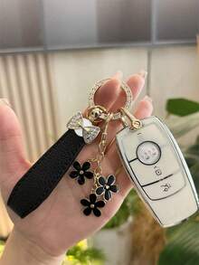 Crystal Bow Flower Keychain Pendant, Luxury Women's Car Key Accessory, Elegant PU Leather Fashion Keyring Gift - Keychain - View 4