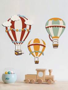 3件套手绘木制热气球墙饰，儿童房装饰，创意热气球墙饰，适用于卧室、客厅 - 彩色 - 查看 6