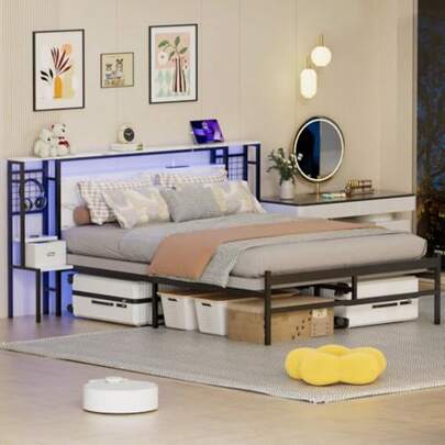 CYCama Matrimonial con Cabecera de Almacenamiento 1.4M Base de Cama Matrimonial con LED RGB y Estación de Carga Dos mesitas de Noche Estructuras de Cama Fácil de Montar Blanco