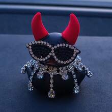 1pc Gothic Rubber Duck With Red Devil Horns, Diamond Necklace & Glasses - Durable PVC Halloween Car Dashboard Decor, Unique Party Accessory, Perfect Gift For Friends, Halloween Decorations - Black Duck - View 5