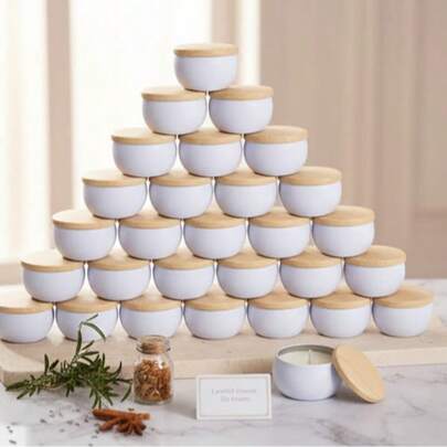 16pcs White Candle Jars With Wooden Grain Lids, Portable Empty Cans, Multipurpose Mini Storage Containers, Ideal For Crafters And Home Decor Enthusiasts, Suitable For Holiday Decorations, Seasonal Accents, Home Decor, Durable And Reusable, Great Gift Choice