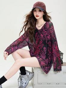 JUTU 春夏黑色连帽宽松印花网纱薄纱罩衫，2026 轻薄半透明百搭上衣 - 0A94黑色 - 查看 6