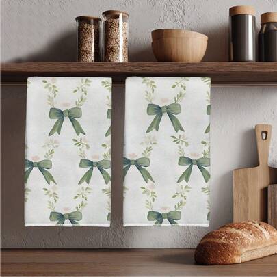 2 khăn lau bếp, khăn lau bát đĩa siêu mềm mại bằng sợi microfiber in hình bướm và lá màu xanh lá cây, hình chữ nhật 40*60cm, khăn lau bát đĩa, khăn lau tay, đồ trang trí nhà bếp, quà tặng tân gia.