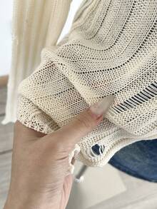 Apricot Long Sleeve Hollow V-Neck Knit Cover Up For Women, Fashion Street Party Casual Comfortable Sweater, Collegiate Style Fitted Daily Versatile Summer Solid Color Minimalist Sexy Top - Apricot - View 7