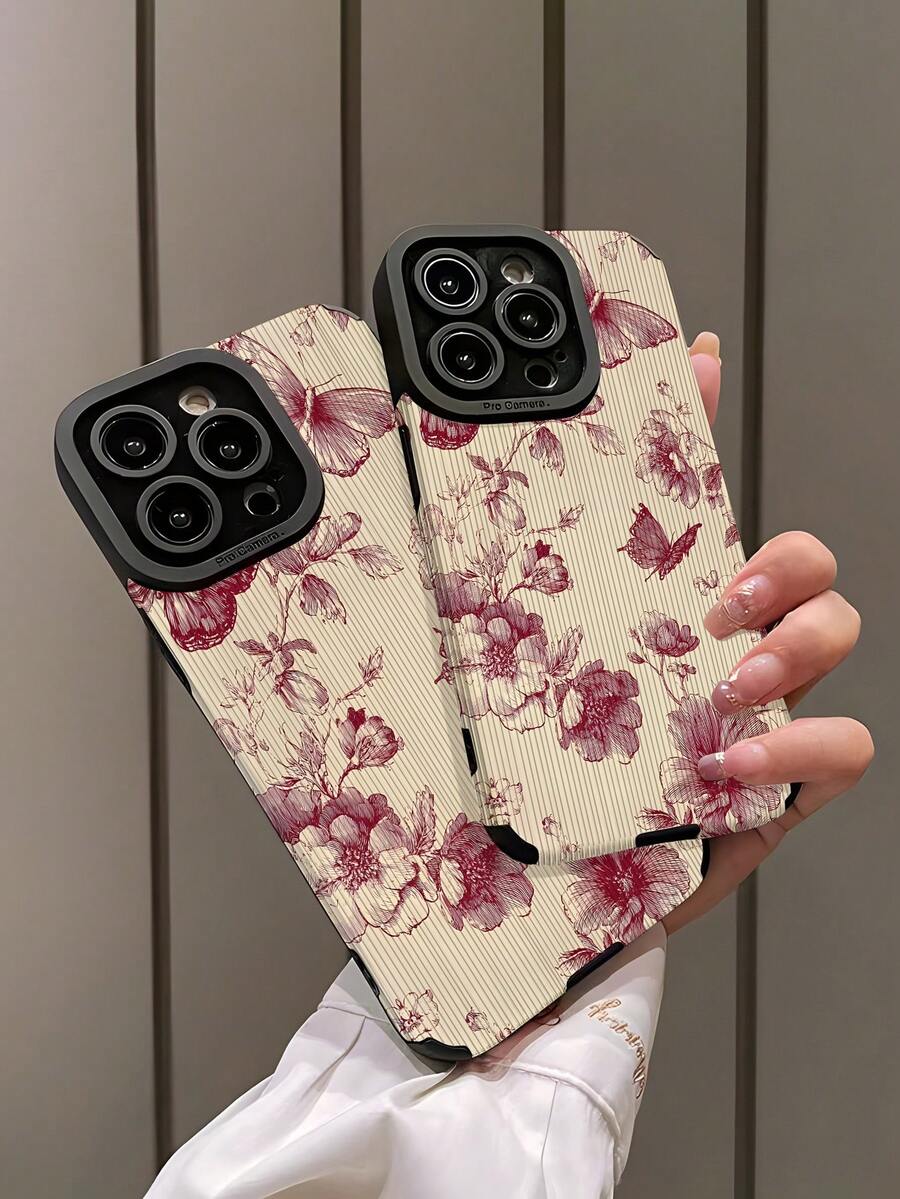 1个时尚粉色线性蝴蝶花朵印花纹理柔软保护手机壳，适合作为生日、节日礼物送给朋友、家人、情侣，适用于 17/17 Air/17 Pro/17 Pro Max、16/16 Plus/16 Pro/16 Pro Max、15/15 Plus/15 Pro