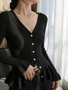 Spring New Black Versatile Knit Cardigan For Women, Ruffle Hem, Long Sleeve, Fitted V-Neck Sweater