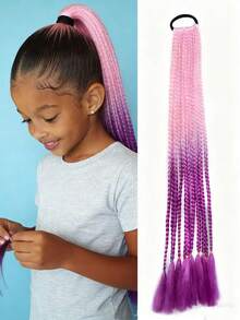 1pc 22" Rainbow Colored Braided Ponytail Wig With Elastic Band, Suitable For Girls