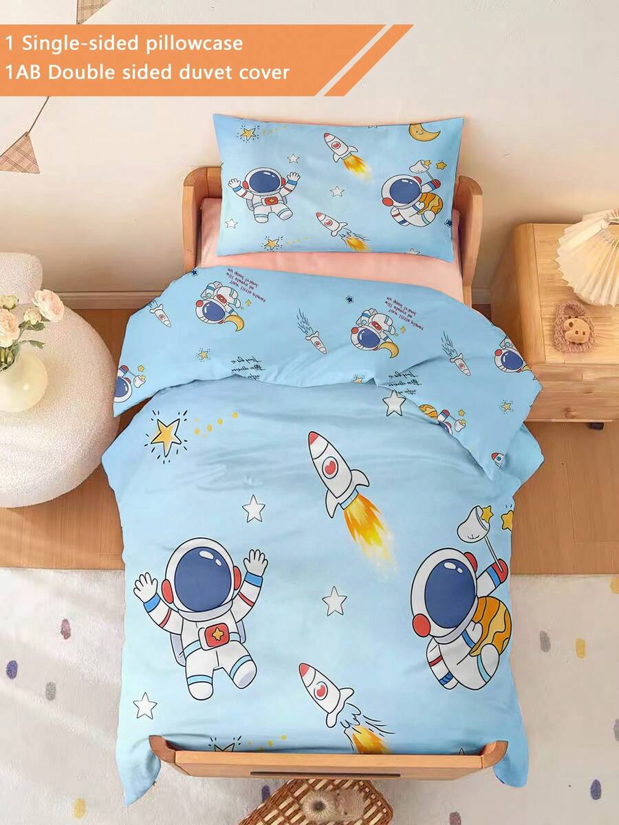 2PCS Light Blue Cartoon Astronaut Theme 100% Polyester (Suitable For All Seasons), Double-Sided Duvet Cover Set (1 Single-Sided Printed Pillowcase+1 Double-Sided Printed Duvet Cover, Without Padding), Suitable For Infants And Children, Machine Washable, Suitable For Newborn Beds, Baby Beds, And Holiday Gifts. The Pillowcase Is Single-Sided Printed And Measures 33 * 45 Centimeters. - Multicolor - View 1