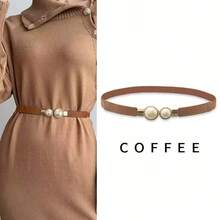 1pc Solid Color Pearl Waist Belt, 2025 New High-End Dress, Jeans Waist Cincher, Elastic Stretch Leather Belt Decor, Multi-Purpose Waist Belt For Casual Wear - Coffee - View 4