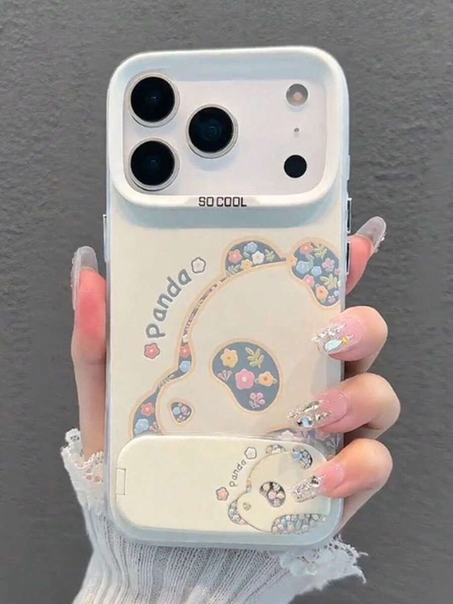 1pc Cartoon Panda Bracket Phone Case, Shockproof Full Coverage Phone Protective Case Suitable For IPhone 11/12/13/14/15/16/17/Pro Max - White - View 1