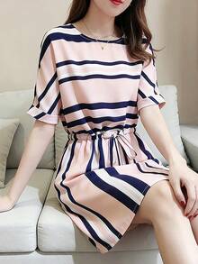 Vestido corto de mujer Vestido elegante y casual de talla grande para mujer, corte ajustado favorecedor, color azul claro, bloques de color en contraste, rayas, manga corta, cintura elástica con cordón. - Rosa - Ver 3