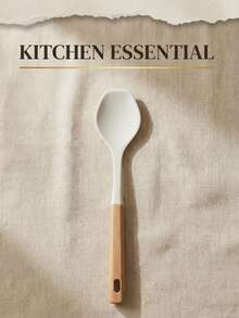 This White Silicone Flat-Head Soup Spoon Has A Soft Surface That Won't Scratch Cookware. It's Suitable For Serving Soup, Porridge, And Rice. The Spoon Is Made Of Silicone With A Wooden Handle That Feels Warm To The Touch And Won't Get Hot. The Bottom Of The Spoon Has A Hanging Hole For Easy Storage, Making It A Practical Tool For Daily Cooking And Serving In The Kitchen. - Multicolor - View 10