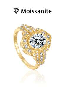 1pc Women's Wedding Ring, Round Egg Design Ring, 3.5g S925 Sterling Silver, 1.5 Carat Moissanite, Bohemian Palace Style, Luxury Engagement, Wedding, Anniversary, Valentine's Day Gift, Comes With Moissanite Certificate And Elegant Gift Box - Gold - View 6