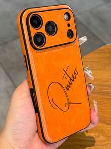 Personalized Luxury Customized Golden Name Lychee Pattern Faux Leather Camera Protection Phone Case Compatible With IPhone 17 Pro Max 17 Pro 17 16 15 14 13 12 11 Pro Max 16 15 Plus Protective Cover - Orange - View 3