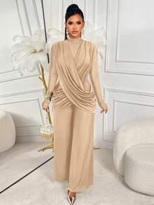 AIJ Amarilo Women'S Sexy Round Neck Long Sleeve Wrap Jumpsuit - Perfect For Parties & Gatherings Spring - Light Khaki - View 1