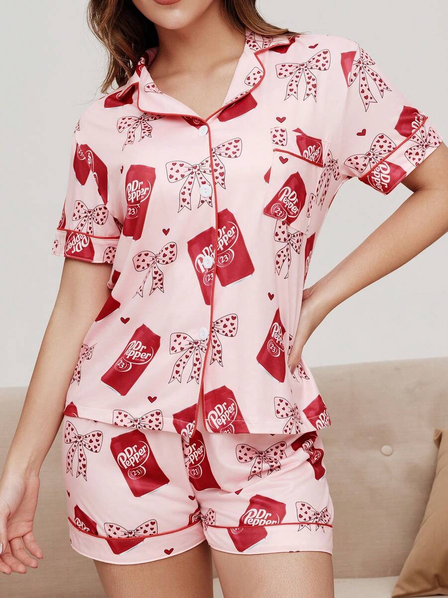 2 Stücke Damen Valentinstag Polka Punkt Schleife Herz Muster Kurzarm Shorts Pyjama Set, romantischer roter Saum Strick Top mit offener Knopfleiste, Elastikbund Hose, geeignet für alle Jahreszeiten als lässige Loungewear