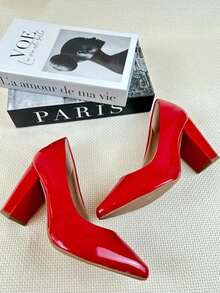Women's Patent Leather High Block Heel Pump (9.5 Cm) Elegant And Comfortable Winter 2026 Black, Red, Nude, Pink, Blue, , Pink - 紅色 - 查看 2
