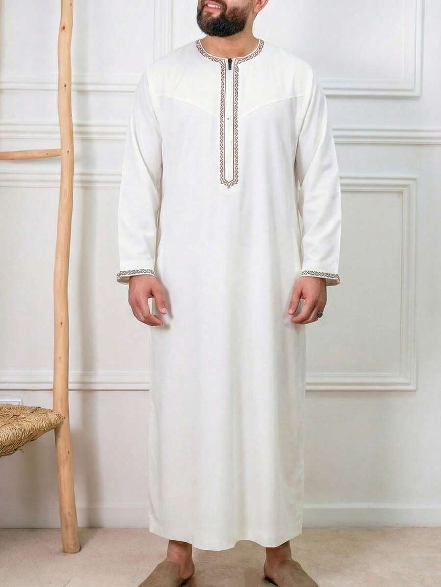 2026款斋月男士长袍，刺绣拉链设计，伊斯兰阿拉伯风格传统服饰，适合节日穿着及斋月送礼 - 白色 - 查看 1