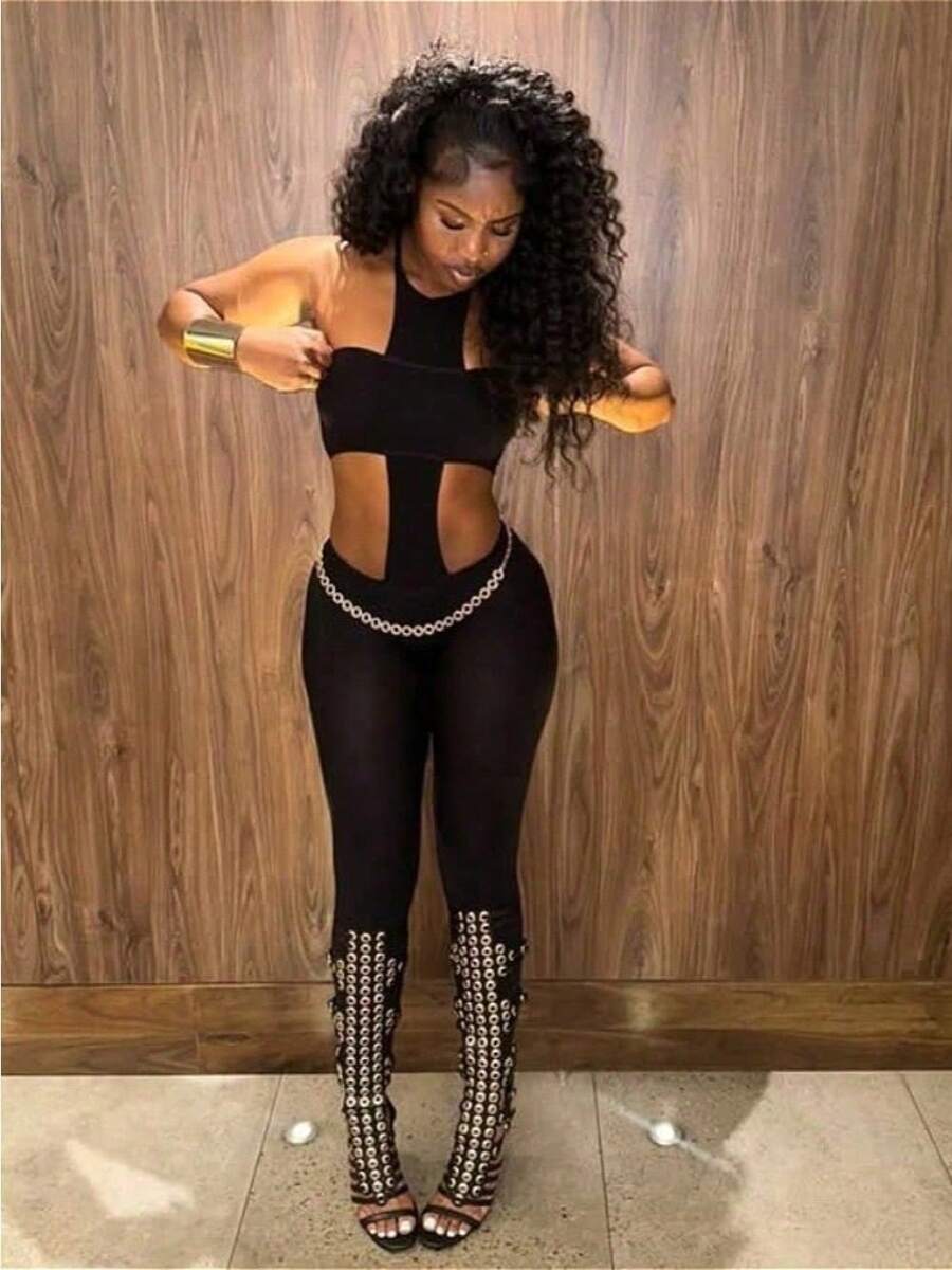 Women's Sexy Cutout Waist Jumpsuit Nightclub Hot Girl High Neck Slim Fit Bodycon Long Pants Romper - 黑色 - 查看 1