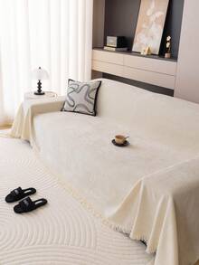 1pc Polyester Chenille Solid Color Classic Sofa Cover Blanket, Pet-Friendly, Anti-Scratch, Non-Slip Sofa Protector, Machine Washable, For Bedroom, Office And Home Decor, All Season Sofa Pad - Beige - View 4