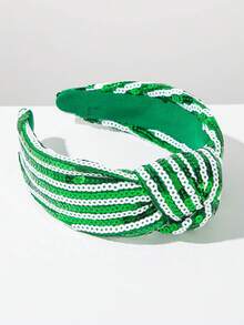 1件圣帕特里克节绿色叶子亮片宽结发箍，适合女士派对庆祝装扮 - 亮片白綠 - 查看 3