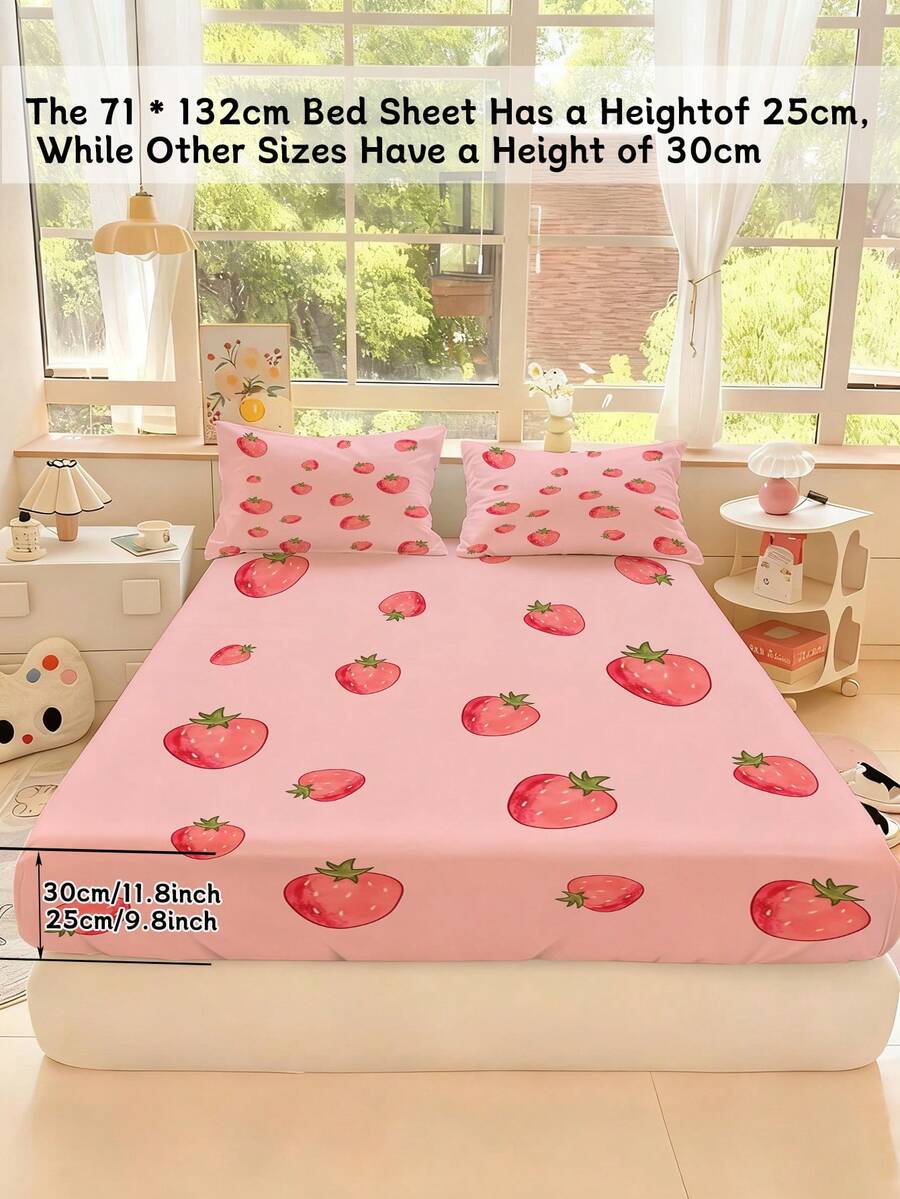 2/3 pezzi Lenzuola aderenti con stampa fragola rosa pastello, morbide e traspiranti per una camera da letto accogliente, protettore antiscivolo per materasso (Singolo/Matrimoniale/Queen/King) - Multicolore - Visualizzare 1