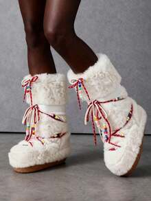 Faux Fur Boots For Women Winter Snow Boots Platform Lace Up Round Toe Boots Warm Snow Shoes Fluffy Winter Boots - 米色 - 查看 4