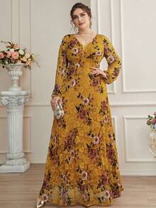 Plus Size Women's Mustard Yellow Floral Lace A-Line Dress, V-Neck, Bishop Sleeve, Flared Hem Vacation Spring - Ginger - View 5