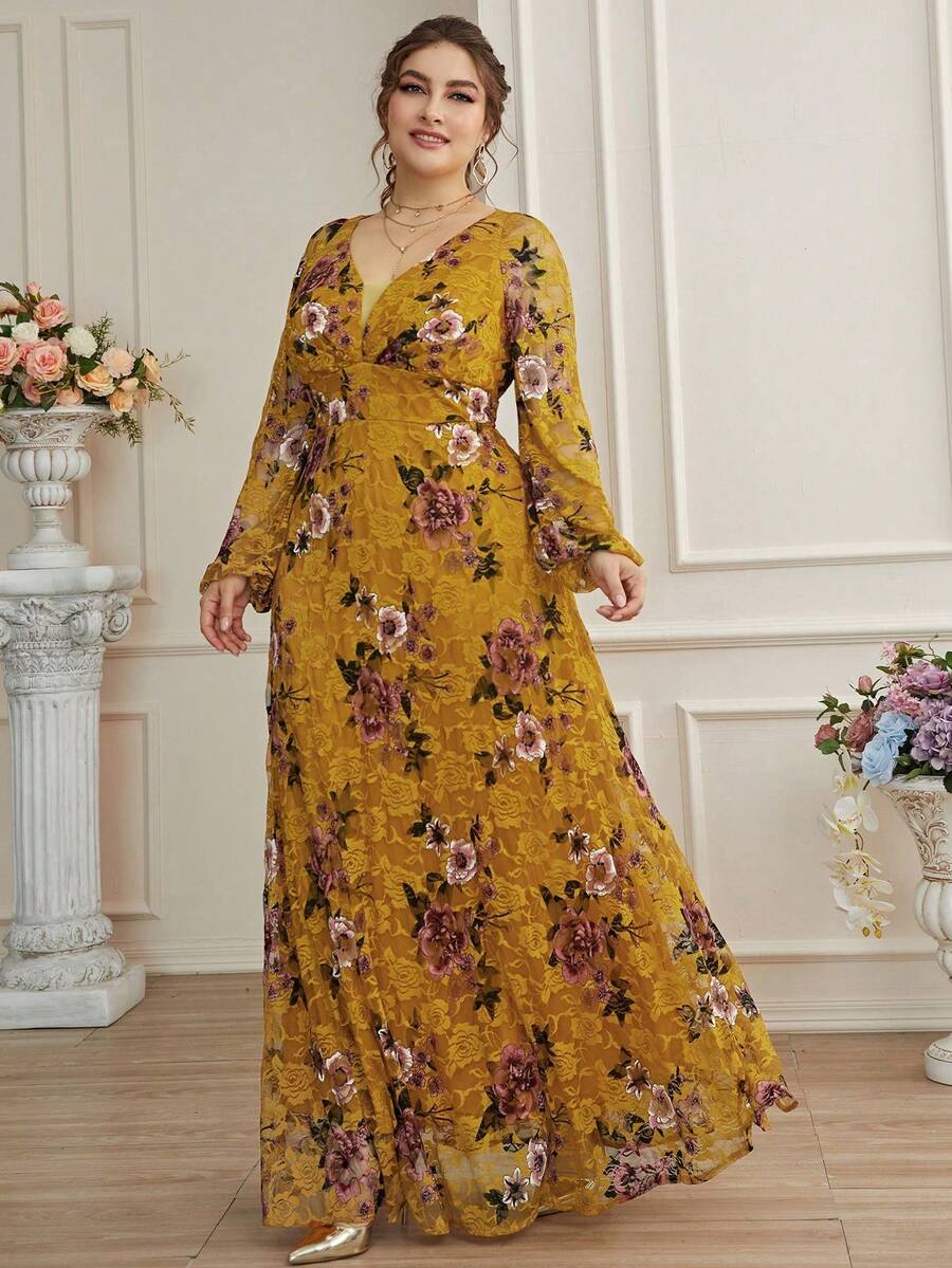 Plus Size Women's Mustard Yellow Floral Lace A-Line Dress, V-Neck, Bishop Sleeve, Flared Hem Vacation Spring - Ginger - View 1