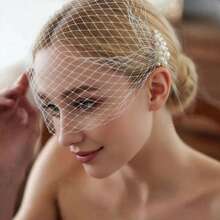 1pc Vintage-Inspired White Mesh Veil With Faux Pearl Decor, Simple Bridal Headpiece For Photo Shoot - View 1