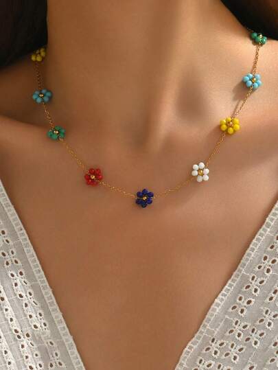 1pc Cute Bohemian Colourful Flower Pendant Necklace, Stainless Steel Women's Collarbone Chain Necklace Floral Design Necklace, Suitable For Women's Daily Wear Party Wear Or Summer Beach Wear, Perfect Gift