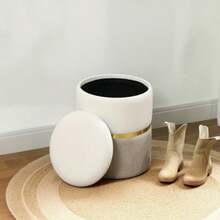 Storage Pouf With Lid, Metal Ring, Two-Tone Design, 36 X 36 X 44 Cm, Cream White - Apricot - View 7