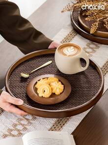 1pc Walnut Round Serving Tray, Household Tray For Holding Snacks, Pastries, Teapot And Tableware - Walnut Round Tray - View 3