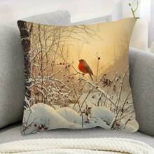 1pc Winter Bird Design Double-Sided Pillow Cushion - Modern Printed Snow Branches & Red Berries Pattern, 17.7" X 17.7", Zipper Closure, Machine Washable Polyester - Multicolor - View 2