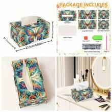 1件套DIY钻石画纸巾盒套装，蝴蝶、小狗、小猫、花卉图案，水晶钻石艺术木质收纳盒，适合家居、办公室、餐厅装饰，是生日、婚礼、母亲节、圣诞节、情人节、新年派对的绝佳礼物 - 彩色 - 查看 3