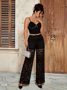 Women's Elegant Sexy Straight Leg Paisley Print Solid Color Lace Hollow Out High Elastic Waist Pants, Suitable For Evening Date, Holiday, Stage Performance And Concert Vacation Black Spring - Black - View 5