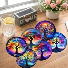 6pcs Life Tree Pattern Coaster Set, Tea Cup Mats, Water Cup Mats, Wine Glass Mats, Coffee Cup Mats, Round Absorbent Silica Gel Coasters, Home Decor, Party & Tableware Gift Set, Suitable For All Seasons - Multicolor - View 1