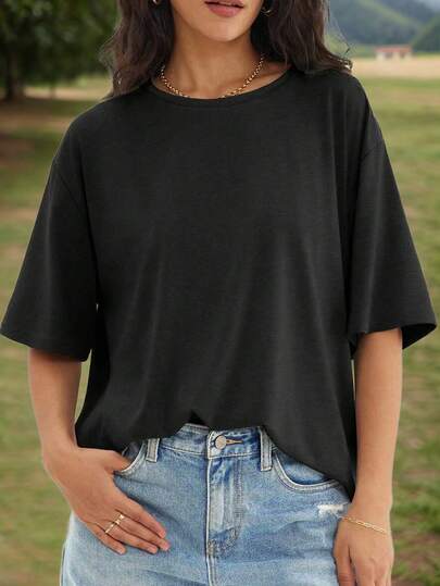 女士纯色短袖运动T恤，宽松圆领运动上衣，适合户外运动、瑜伽、日常休闲和旅行穿着，黑色